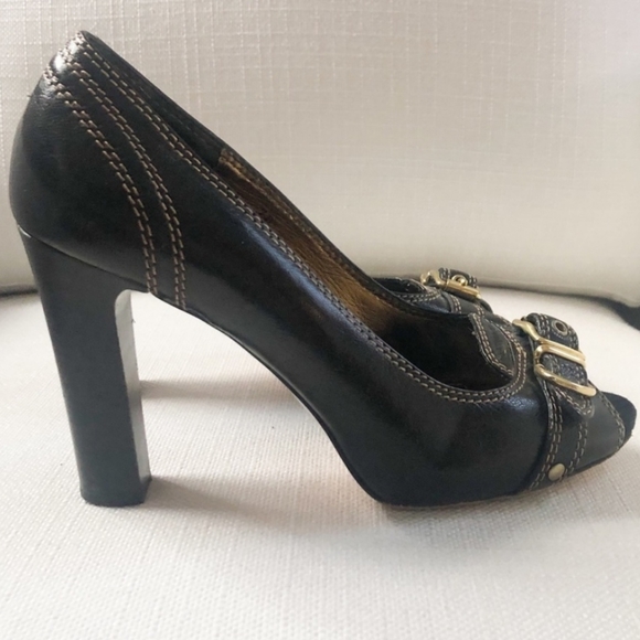 Coach Francie Peep-Toe Black Leather, Stitching, Buckle Accent Heels - Picture 4 of 6